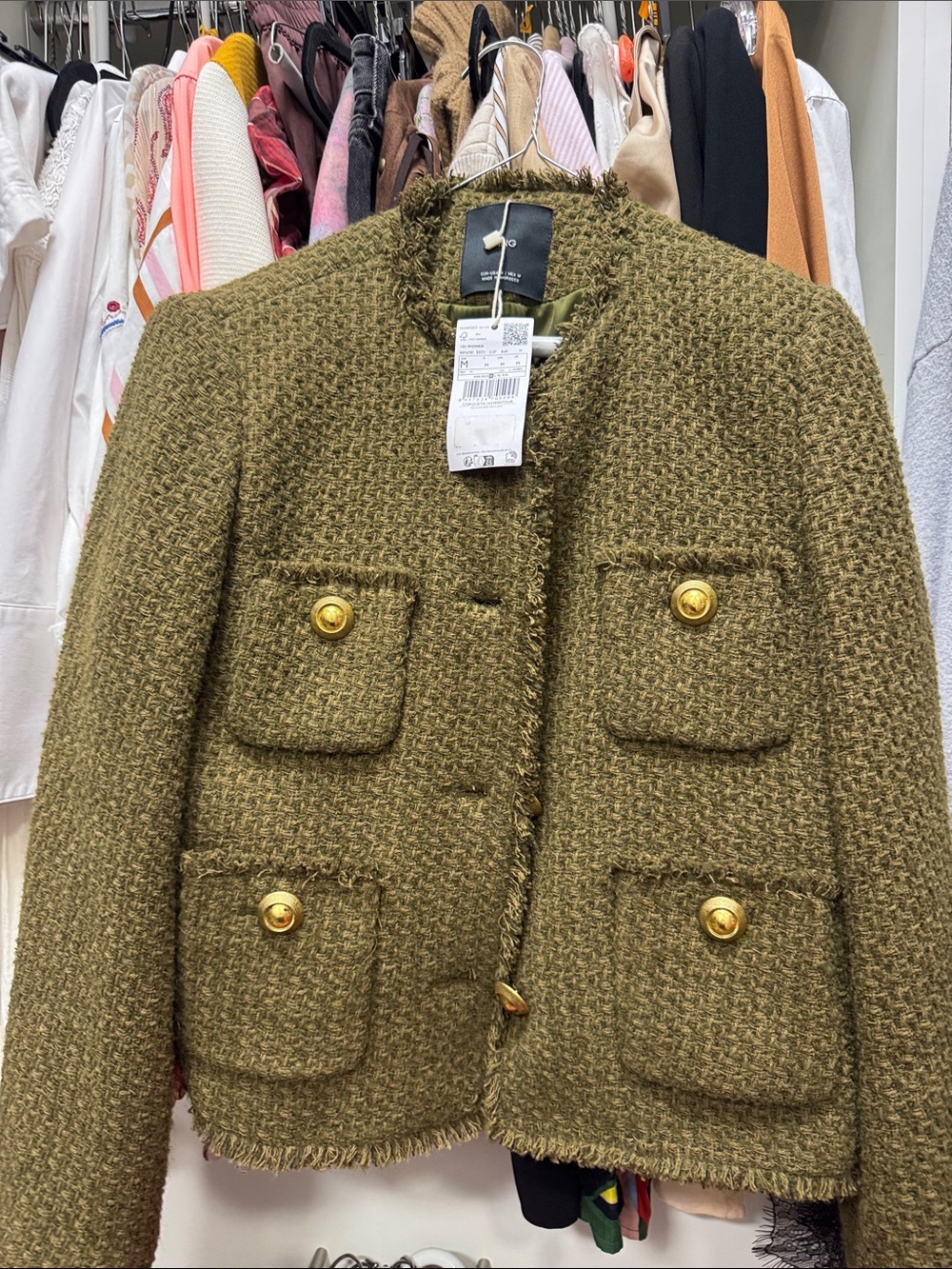 Mango Olive Tweed Collarless Jacket with Gold Buttons
